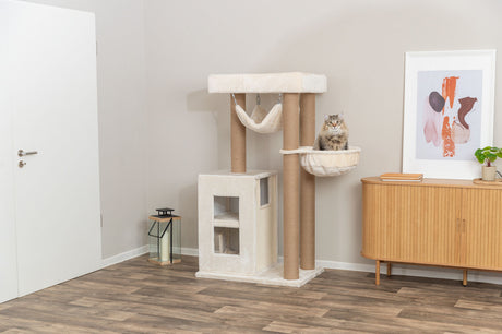 Kratzbaum mit Plüsch und Sisalsäulen, darin sitzende Katze, daneben helle Wand, Tür, Holzkommode und Bild.