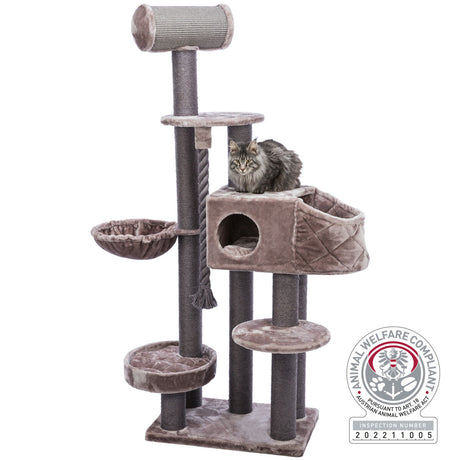 Kratzbaum aus grau-braunem Stoff mit mehreren Ebenen und Höhle, darauf sitzt eine langhaarige Katze.