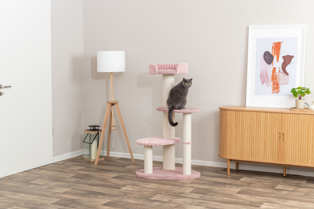 Graue Katze sitzt auf einem dreistöckigen Kratzbaum in einem Raum mit Holzlampe, Bild und Sideboard.