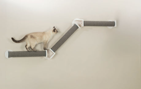 Eine Katze läuft auf einer an der Wand befestigten, diagonalen Kletterlandschaft mit grauen Sisal-Bezügen.