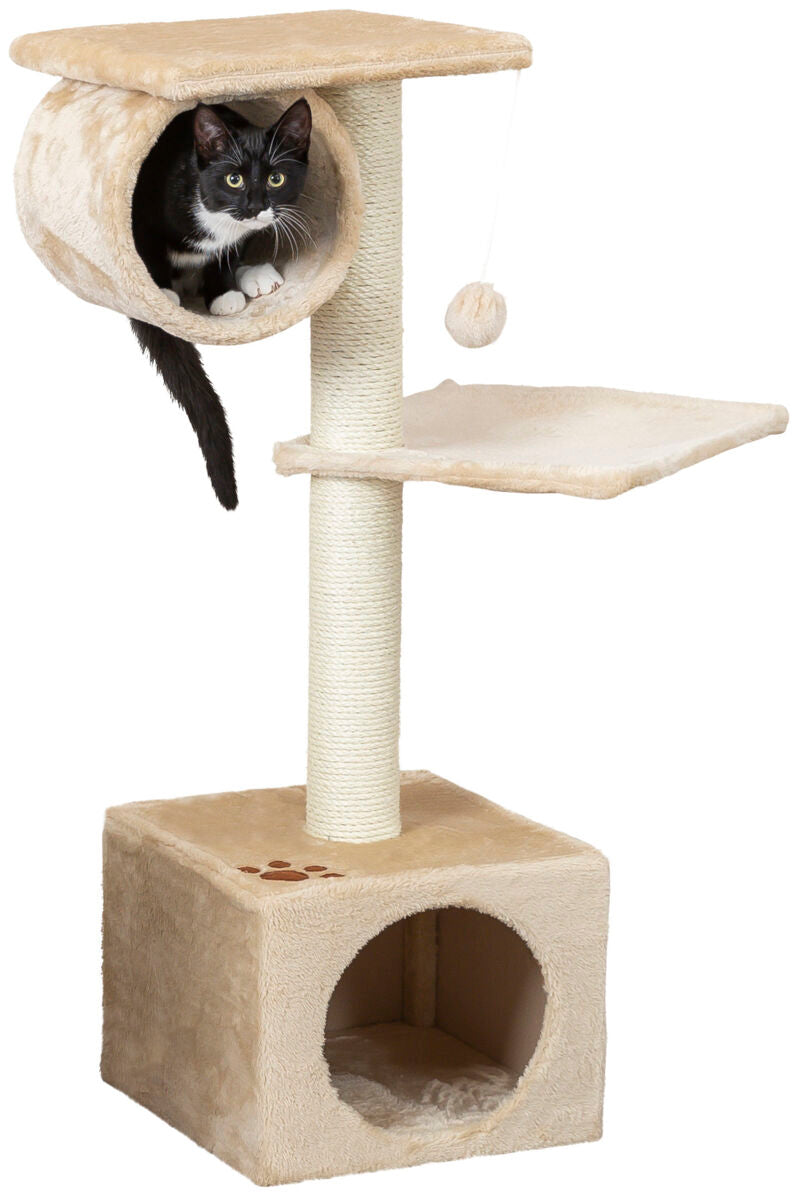 Katzenbaum mit beigem Plüsch und Kratzsäule, mehreren Ebenen und einer schwarzen Katze, die aus einer Höhle schaut.