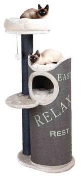 Katzenbaum mit beigem Bezug, zwei Katzen, eine oben und eine mittig; Aufdruck "RELAX" und "REST".
