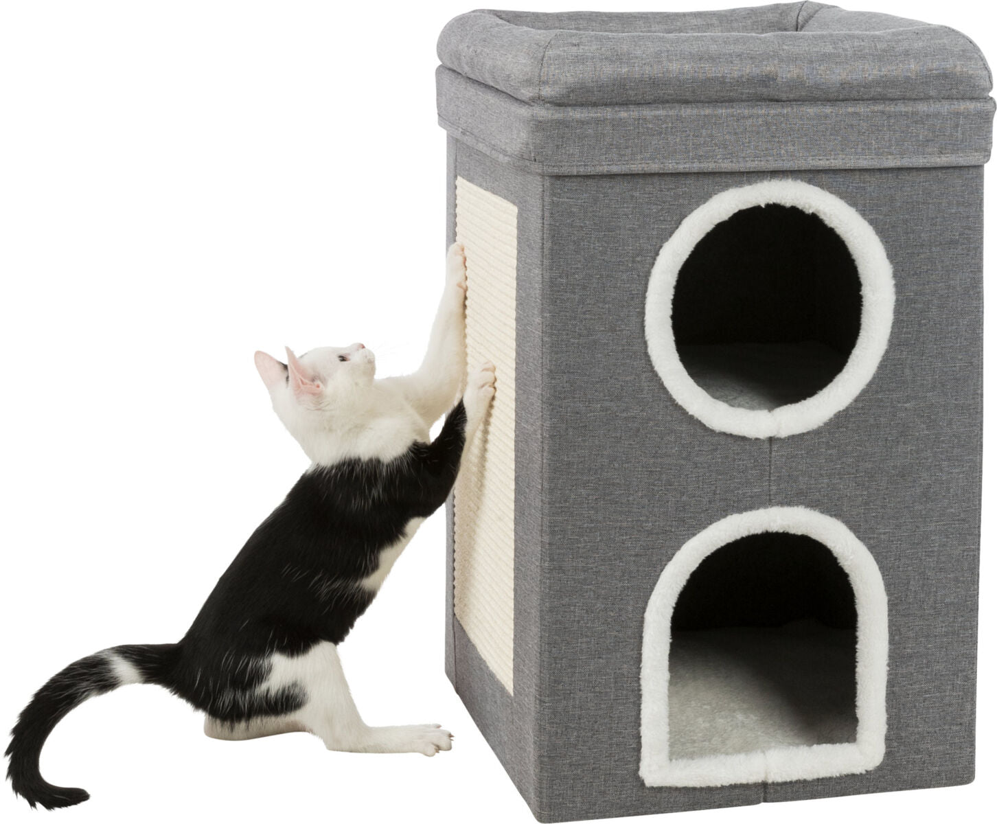 Schwarz-weiße Katze kratzt an einer grauen Kratzsäule mit zwei runden Öffnungen und weicher Umrandung.