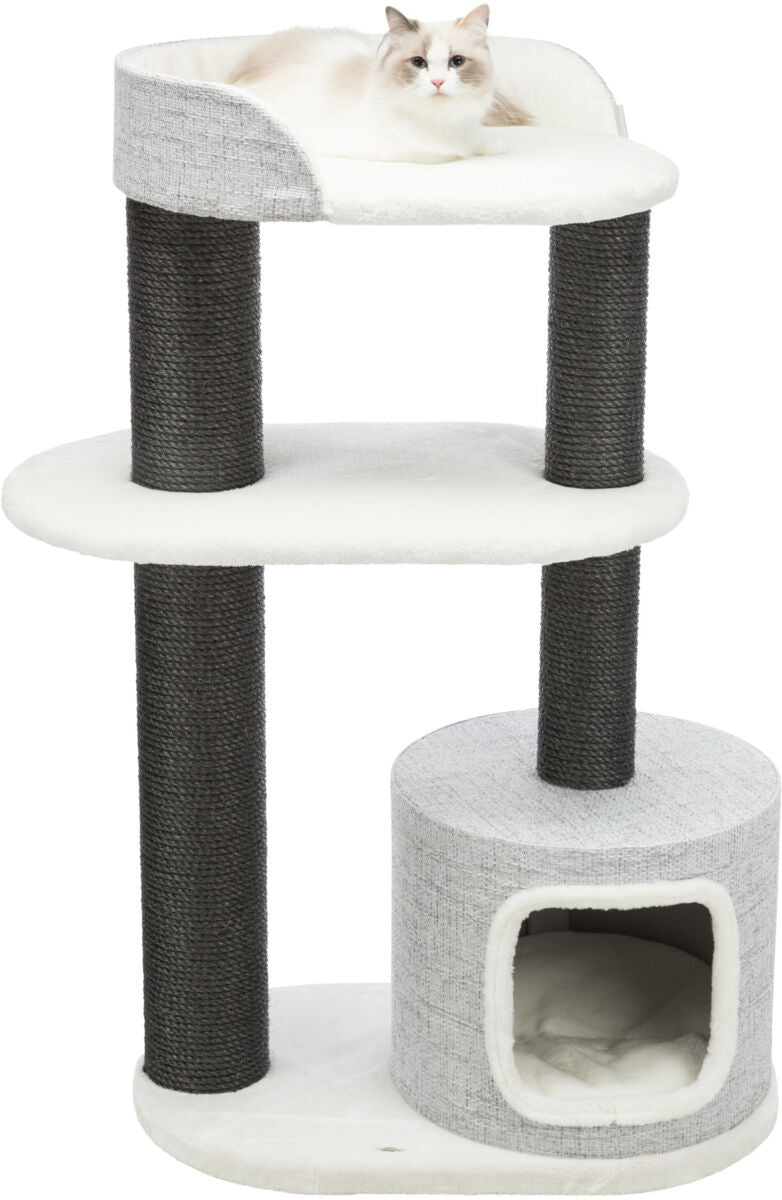 Kratzbaum mit hellem Kissen und zwei dunklen Säulen, Katze liegt oben, unten geschlossene Höhle.
