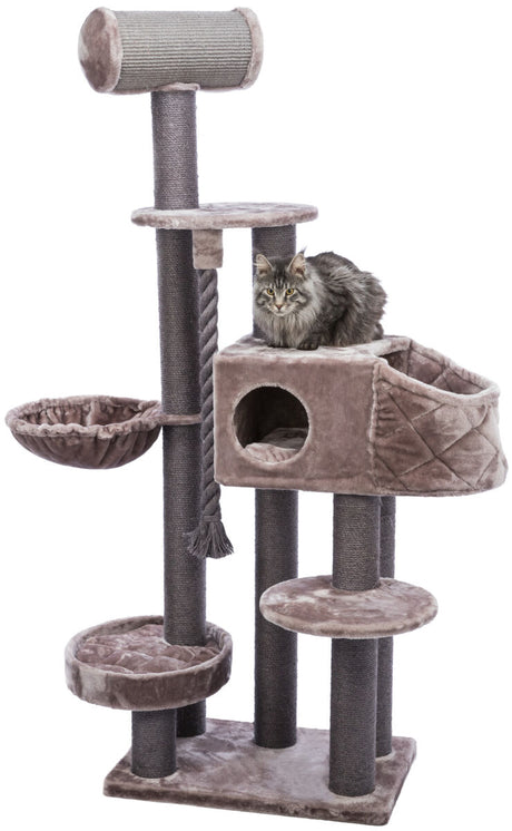 Kratzbaum mit mehreren Plattformen und Höhle, grau mit Plüsch bezogen, eine Katze sitzt auf der mittleren Plattform.
