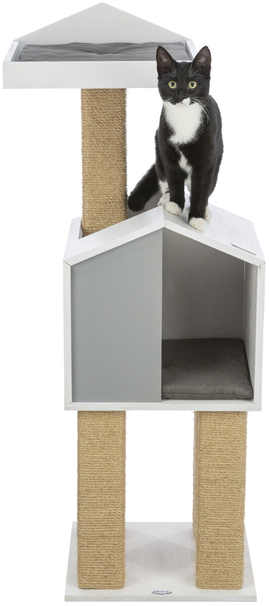 Kratzbaum mit grauer Höhle und hellem Sisal für Katzen, darauf sitzt schwarz-weiße Katze auf dem oberen Teil.