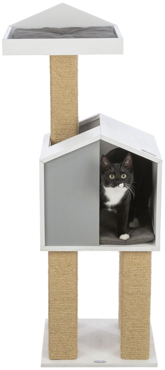 Katzenkratzbaum mit zwei Ebenen, einer hellen, gepolsterten Fläche oben und einem schwarzen Katzenkopf in einem grauen Häuschen.