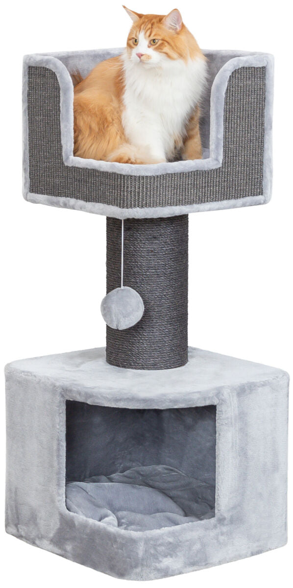 Katzenkratzbaum mit einer sitzenden Katze, grauer Plüsch und Sisal, Spielball an der Säule, Höhle unten.