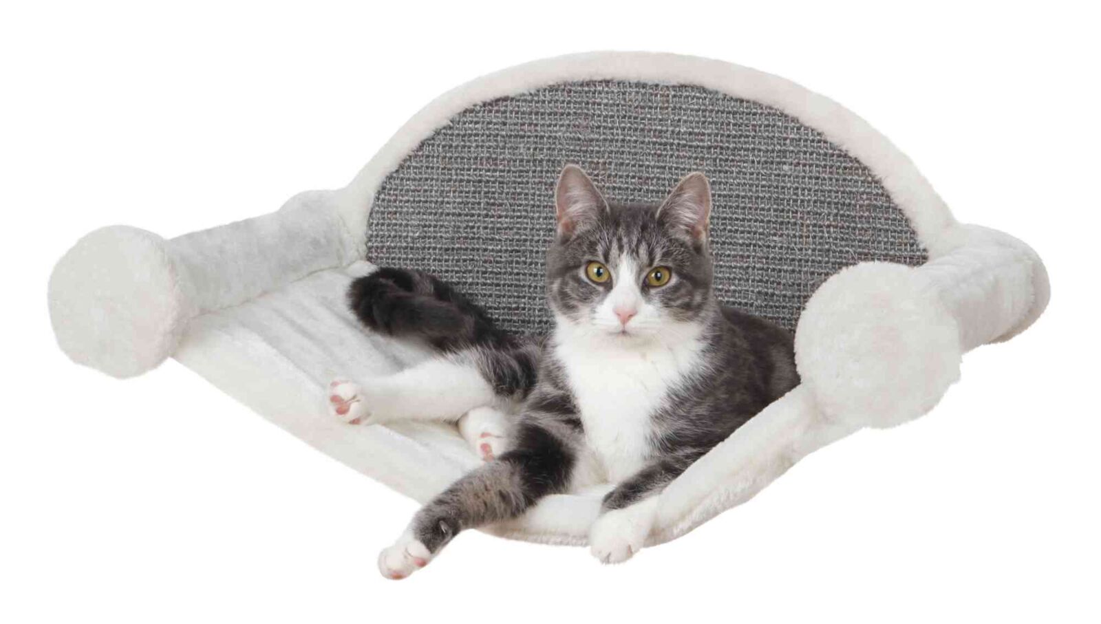 Eine graue Katze liegt auf einer Katzensitzfläche mit weicher, beiger Umrandung und grauer, texturierter Rückwand.