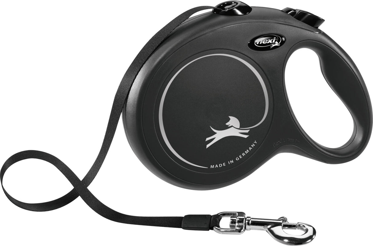 Schwarze, runde Hundeleine mit Griff und Aufdruck von Hundesymbolen, Text "Made in Germany" sichtbar.