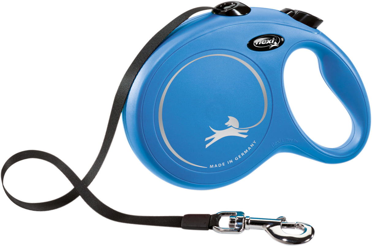 Blaue, runde Hundeleine mit schwarzem Band und Metallhaken, Aufdruck zeigt laufenden Hund und Text "Made in Germany".
