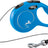 Blaue Hundeleine mit schwarzem Kastenaufdruck und silbernem Haken, flexi classic XS-Modell erkennbar.