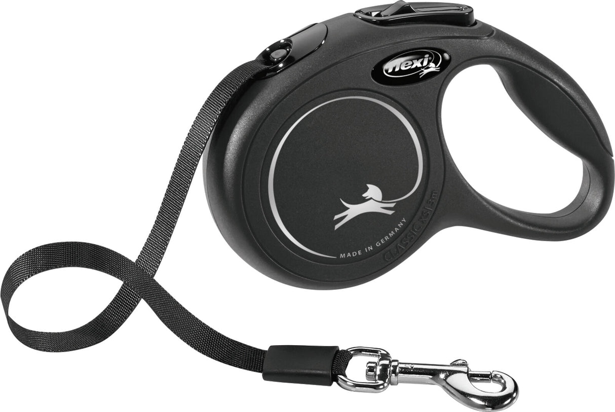 Schwarze Rollleine mit schwarzem Band und verchromtem Haken, Griffteil mit geschwungenem Hundesymbol.