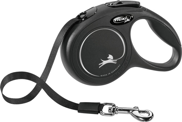 Schwarze Rollleine mit schwarzem Band und verchromtem Haken, Griffteil mit geschwungenem Hundesymbol.