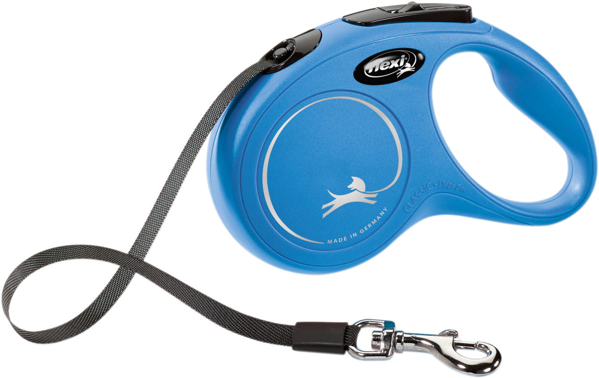 Blaue Hundeleine mit schwarzem Gurtband, Kunststoffgriff und metallener Befestigung, Text "Made in Germany".