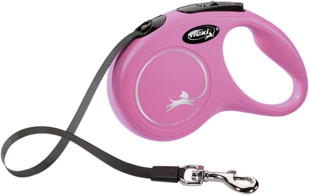 Rosa Hundeleine mit schwarzem Band und silbernem Clip, ovaler Griff mit Hundemotiv, Aufschrift "Made in Germany".