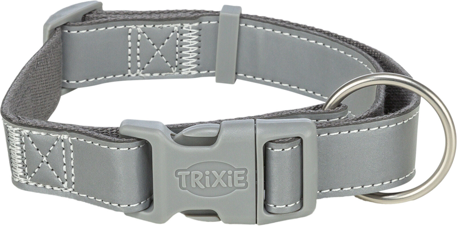 Graues Hundehalsband aus Stoff mit genähten Details, Kunststoffschnalle und Metallring, Logo "TRIXIE" sichtbar.
