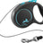Schwarze Hundeleine mit blauem Design und Griff, schmaler Seilzug und silberner Metallkarabiner.
