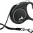 Schwarze Hundeleine mit Griff, ausziehbarem Band und silbernem Haken, beschriftet mit "flexi black design".