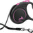 Schwarze Retractable-Hundeleine mit rosa Akzenten und Karabinerhaken, Markenname und Grafik sichtbar.