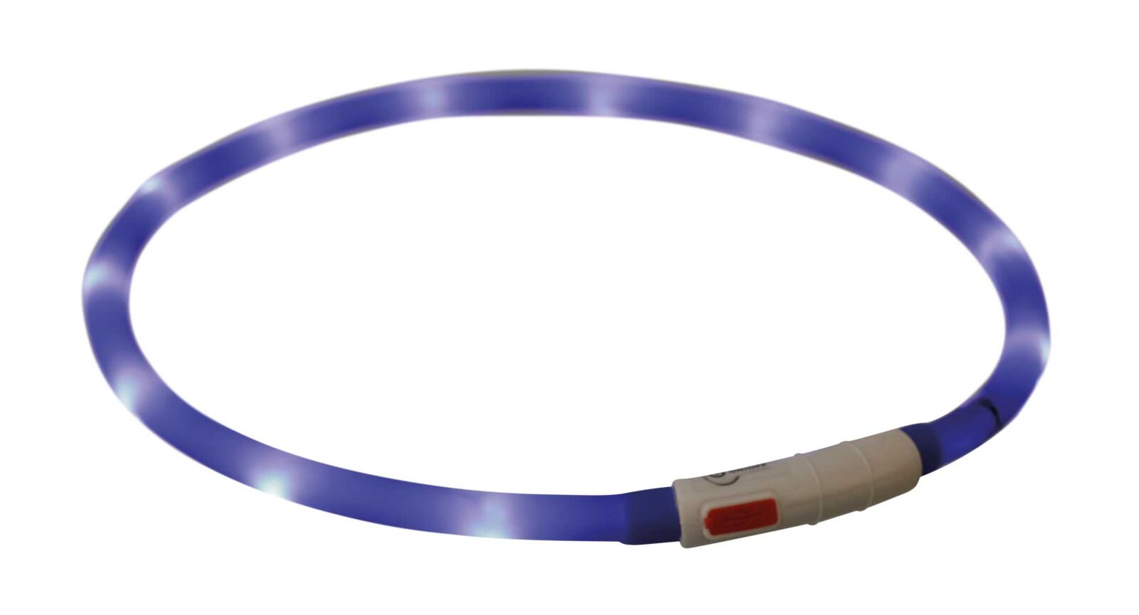 Leuchtendes blaues Halsband in Ringform mit weißem Verschluss und rot markiertem Schalter.