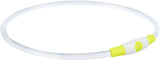 Transparenter Ring mit weiß-gelben Enden und einem zentralen, ovalen Bedienelement, aus Kunststoff.