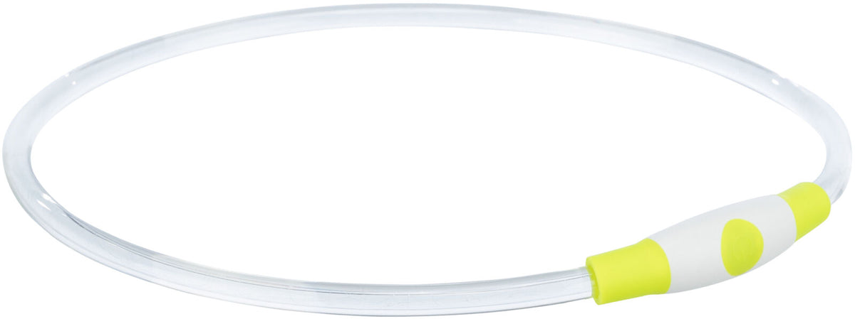 Transparenter Ring mit weiß-gelben Enden und einem zentralen, ovalen Bedienelement, aus Kunststoff.