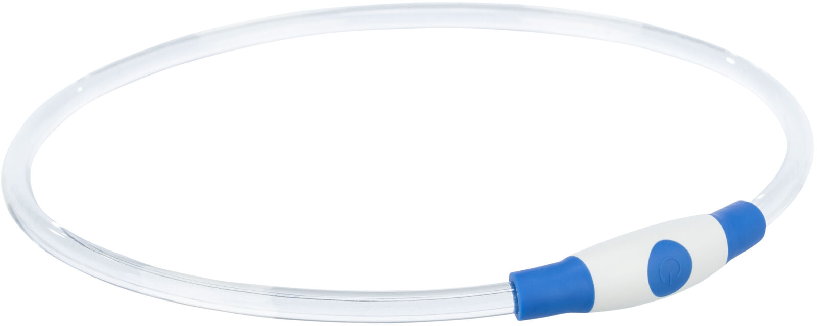 Transparenter Kunststoffring mit blau-weißem Verschluss und erkennbarer An-/Aus-Schaltfläche.