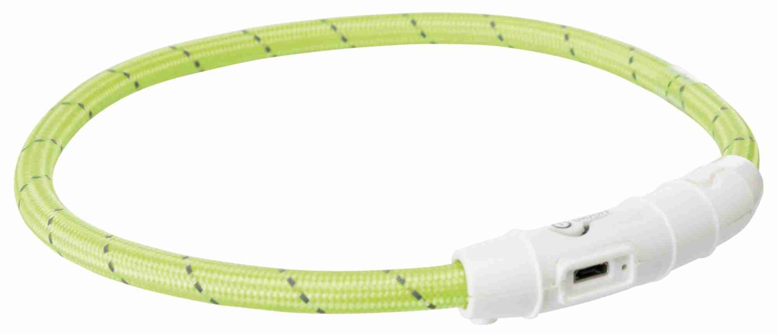 Grüner LED-Halsring mit weißem Verschluss und sichtbarer USB-Ladebuchse.