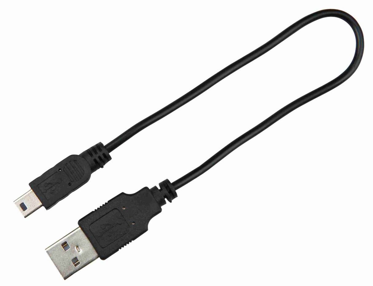 Schwarzes USB-Kabel mit Standard- und Mini-USB-Steckern an den Enden, auf weißem Hintergrund.