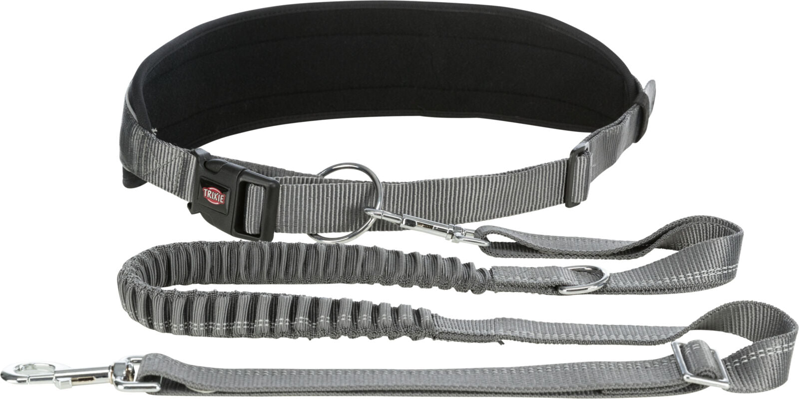 Graues, verstellbares Hundegeschirr mit gepolstertem Bauchgurt und flexibler Leine, Metallkarabiner und D-Ring.