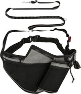 Grauer und schwarzer Hüftgurt mit zwei Taschen und einer schwarzen Hundeleine mit Karabinerhaken.
