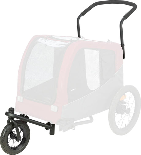 Roter Fahrradanhänger mit schwarzem Griff und einem großen Vorderrad, teils transparent dargestellt.