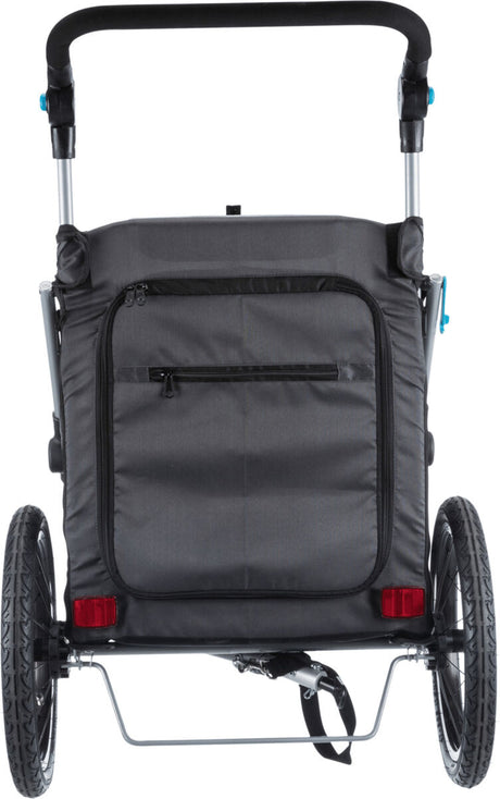 Schwarzer Fahrradanhänger mit zwei großen Rädern, Reißverschlusstasche auf der Rückseite und blauem Griffdetail.