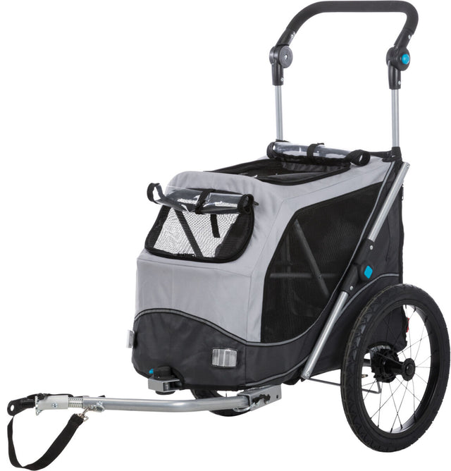 Grauer Fahrradanhänger mit schwarzem Netzstoff, zwei großen Rädern, verstellbarem Griff und Befestigungsstange.
