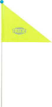 Gelbe dreieckige Fahne mit "TRIXIE" Schriftzug, auf weißem Stab mit blauer Kugel oben.