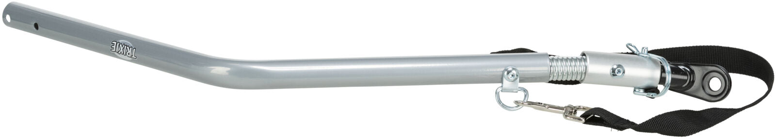 Metallstange mit Federmechanismus und schwarzem Gurt, an einem Ende gebogen, mit Markierung "TRIXIE".