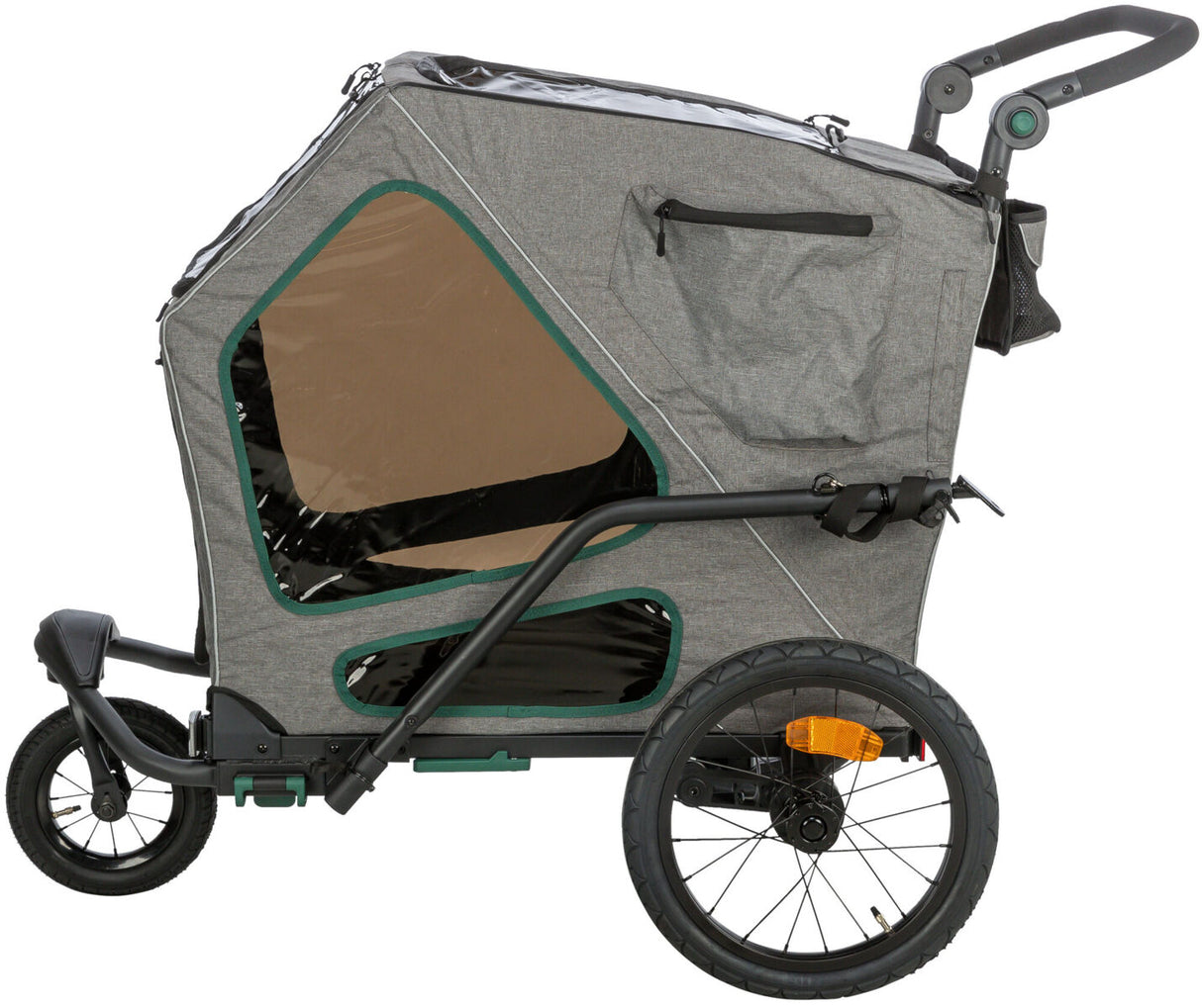 Grau-schwarzer Fahrradanhänger mit großen seitlichen Sichtfenstern, verstellbarem Griff und zwei Rädern.