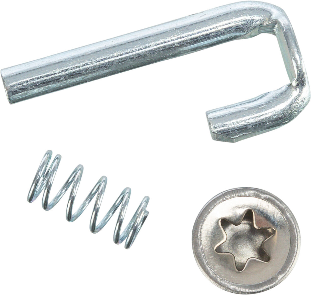 Silberner Metallhaken, Spiralfeder und sternförmige Schraube auf weißem Hintergrund.