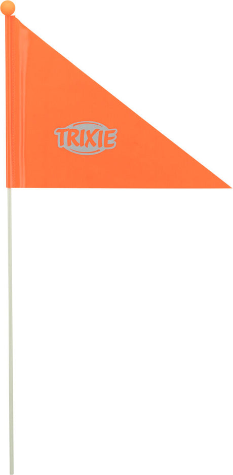 Orangefarbene Dreiecksflagge mit grauem Schriftzug "TRIXIE" auf weißem Stab.