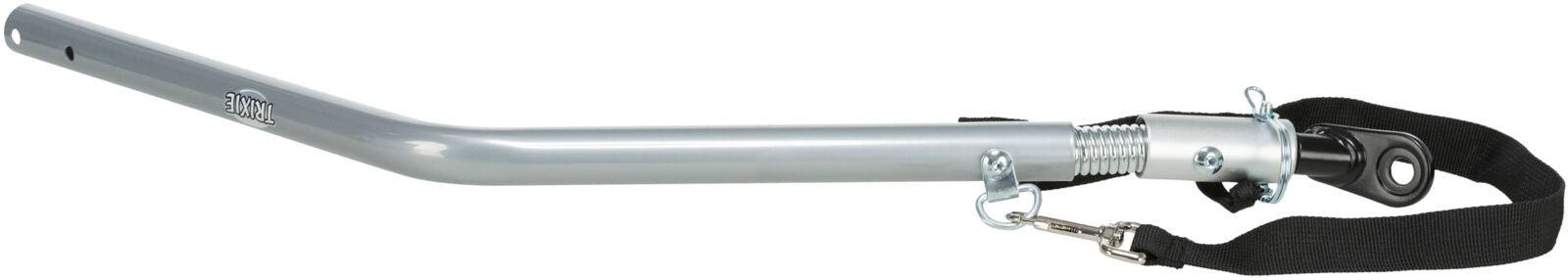 Silberne Metallstange mit Federgelenk, schwarzer Befestigung und Riemen, Marke Trixie auf der Stange.
