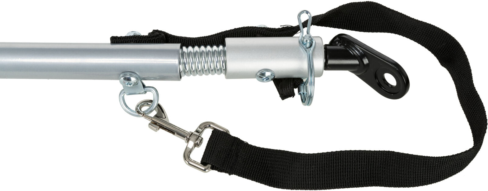 Metallstange mit Feder und Karabinerverschluss, schwarze Schlaufe an einem Ende, andere Teile silbern und schwarz.