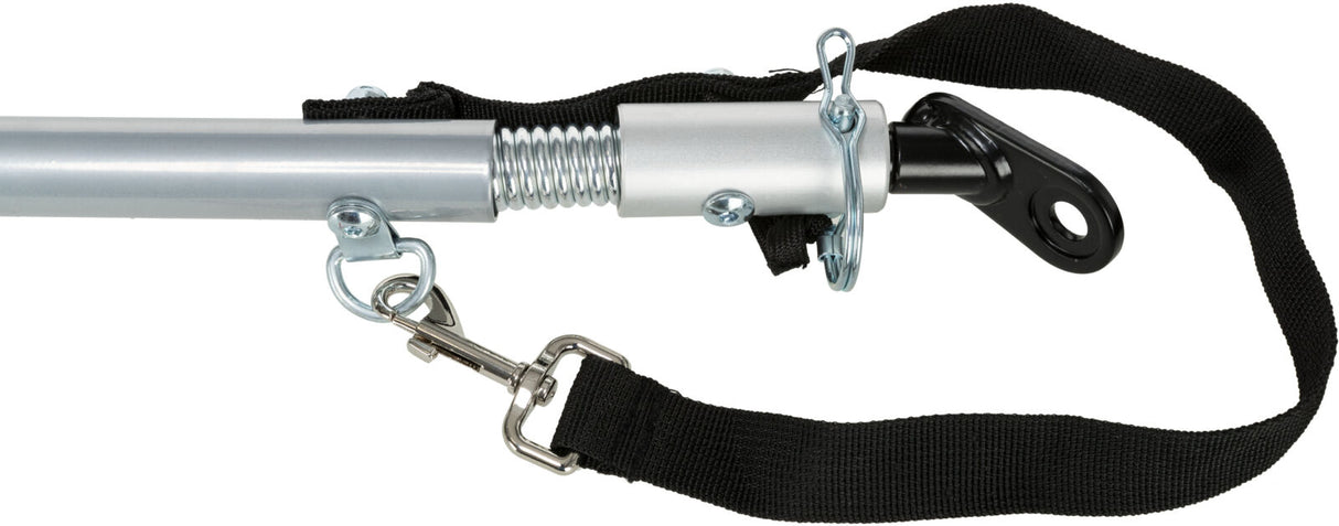 Metallstange mit Feder und Karabinerverschluss, schwarze Schlaufe an einem Ende, andere Teile silbern und schwarz.