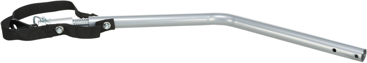 Metallstange mit schwarzem Riemen und Feder, silberfarben, gebogen, mit Bolzen und Befestigungsloch.