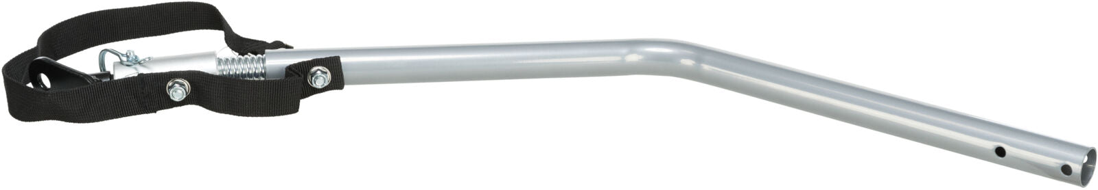 Metallstange mit schwarzem Riemen und Feder, silberfarben, gebogen, mit Bolzen und Befestigungsloch.