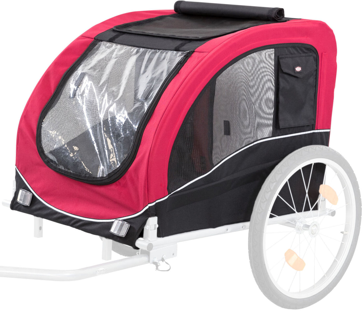 Roter und schwarzer Fahrradanhänger mit zwei Rädern, durchsichtigem Fenster und schwarzem Netzstoff.