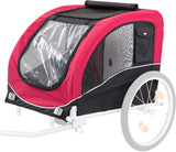 Roter und schwarzer Fahrradanhänger mit zwei Rädern, durchsichtigem Fenster und schwarzem Netzstoff.