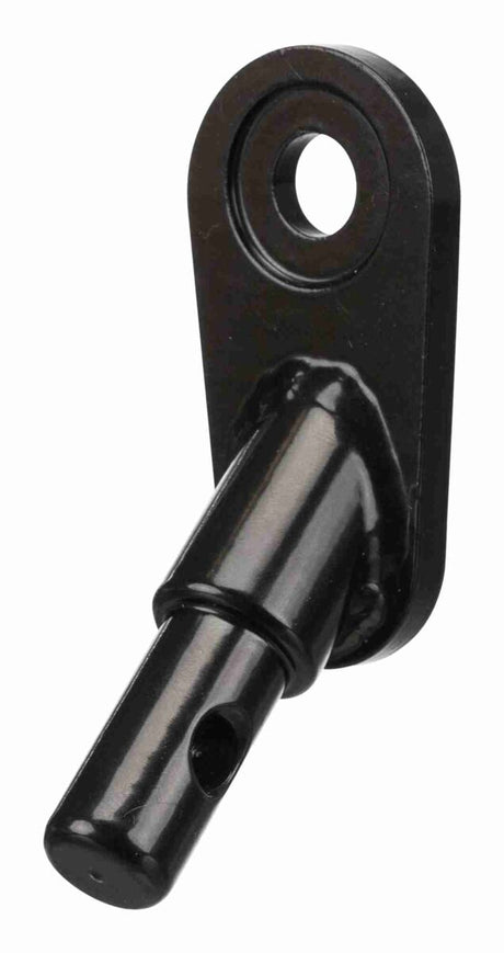 Schwarzes Metallteil mit zylindrischem Stift und Befestigungsloch, glänzend und glatt verarbeitet.