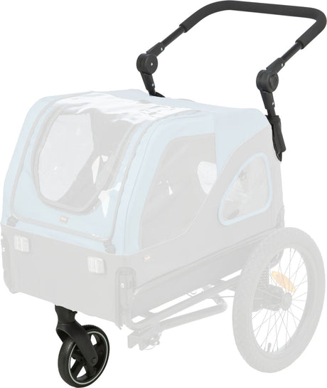 Fahrradanhänger mit blauem Gehäuse, schwarzen Rädern und verstellbarem schwarzen Griff, seitlich transparent.