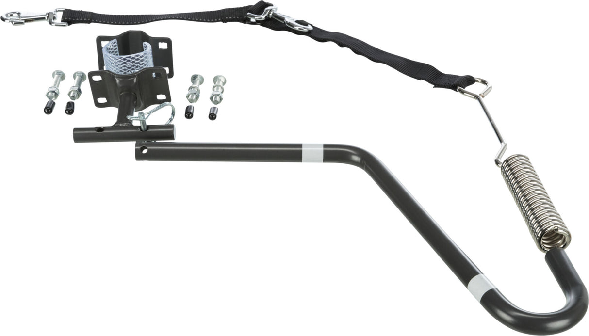 Metallstange mit Federmechanismus, schwarzem Band und Befestigungselementen, Schrauben und Halterung.